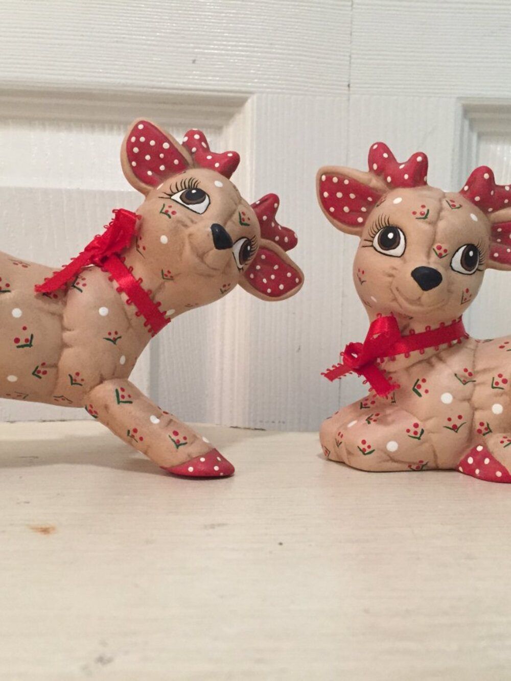 Vintage Christmas Kimple Style Laying & Standing Puffy Quilted Reindeer Pair 4"